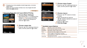 Page 9595
1
2
3
4
5
6
7
8
Cover 
Preliminary Notes  
and Legal Information
Contents: Basic 
Operations
Advanced Guide
Camera Basics
Smart Auto 
Mode
Other Shooting 
Modes
Playback Mode
Setting Menu
Accessories
Appendix
Index
Basic Guide
P Mode
•	 Cropping may not be possible at small image sizes, or at some 
aspect ratios.
•	 Dates may not be printed correctly if you crop images shot with 
[Date Stamp
] selected.
Still Images
Choosing Paper Size and Layout Before Printing
1 Choose [Paper Settings].
zzAfter...