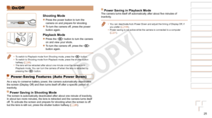 Page 2525
1
2
3
4
5
6
7
8
9
Cover 
Preliminary Notes and 
Legal Information
Contents: Basic 
Operations
Advanced Guide
Camera Basics
Smart Auto 
Mode
Other Shooting 
Modes
Playback Mode
Wi-Fi Functions
Setting Menu
Accessories
Appendix
Index
Basic Guide
P Mode
On/Off
Shooting Mode
zzPress the power button to turn the 
camera on and prepare for shooting.
zzTo turn the camera off, press the power 
button again.
Playback Mode
zzPress the  button to turn the camera 
on and view your shots.
zzTo turn the camera off,...
