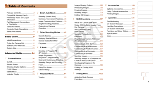 Page 41
2
3
4
5
6
7
8
9
Cover 
Preliminary Notes and 
Legal Information
Contents: Basic 
Operations
Advanced Guide
Camera Basics
Smart Auto 
Mode
Other Shooting 
Modes
Playback Mode
Wi-Fi Functions
Setting Menu
Accessories
Appendix
Index
Basic Guide
P Mode
4
Image Viewing Options ................ 68
Protecting Images
 ........................ 70
Erasing Images
 ............................ 71
Rotating Images
 ........................... 73
Editing Still Images
 ...................... 74
6 Wi-Fi Functions...