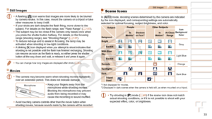 Page 3333
1
2
3
4
5
6
7
8
9
Cover 
Preliminary Notes and 
Legal Information
Contents: Basic 
Operations
Advanced Guide
Camera Basics
Smart Auto 
Mode
Other Shooting 
Modes
Playback Mode
Wi-Fi Functions
Setting Menu
Accessories
Appendix
Index
Basic Guide
P Mode
Still Images
•	 A	flashing	[] icon warns that images are more likely to be blurred 
by camera shake. In this case, mount the camera on a tripod or take 
other measures to keep it still.
•	 If
	your	shots	are	dark	despite	the	flash	firing,	move	closer	to...