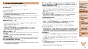Page 133133
1
2
3
4
5
6
7
8
9
Cover
Preliminary	Notes	and	Legal	Information
Contents:		
Basic	Operations
Advanced	Guide
Camera	Basics
Smart
	Auto	Mode
Other	Shooting	Modes
P	Mode
Wi-Fi	Functions
Setting	Menu
Accessories
Appendix
Index
Basic	Guide
Playback	Mode
Cover
Advanced	Guide
9Appendix
On-Screen Messages
If an error message is displayed, respond as follows.
No
	memory	card
•	 The memory card may be inserted facing the wrong way. Reinsert the memory card 
facing the correct way (=  12).
Memory	card	locked•...