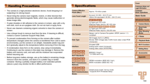 Page 144144
1
2
3
4
5
6
7
8
9
Cover
Preliminary	Notes	and	Legal	Information
Contents:		
Basic	Operations
Advanced	Guide
Camera	Basics
Smart
	Auto	Mode
Other	Shooting	Modes
P	Mode
Wi-Fi	Functions
Setting	Menu
Accessories
Appendix
Index
Basic	Guide
Playback	Mode
Cover
Advanced	Guide
9Appendix
Handling Precautions
•	 The camera is a high-precision electronic device. Avoid dropping it or 
subjecting it to strong impact.
•	 Never bring the camera near magnets, motors, or other devices that 
generate strong...