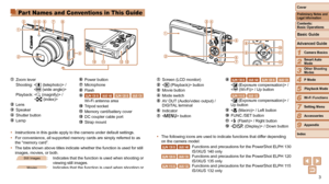 Page 33
1
2
3
4
5
6
7
8
9
Cover
Preliminary	Notes	and	Legal	Information
Contents:		
Basic	Operations
Advanced	Guide
Camera	Basics
Smart
	Auto	Mode
Other	Shooting	Modes
P	Mode
Wi-Fi	Functions
Setting	Menu
Accessories
Appendix
Index
Basic	Guide
Playback	Mode
Part Names and Conventions in This Guide
 Zoom lever Shooting:   /  

 Playback:   /  

 Lens Speaker
 Shutter button Lamp
 Power button Microphone Flash ELPH 130 ISIXUS 140ELPH 120 ISIXUS 135 Wi-Fi antenna area Tripod socket Memory card/battery cover
 DC...