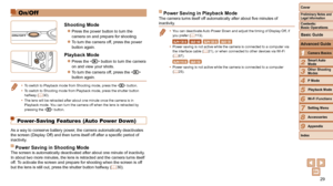 Page 2929
1
2
3
4
5
6
7
8
9
Cover
Preliminary	Notes	and	Legal	Information
Contents:		
Basic	Operations
Advanced	Guide
Camera	Basics
Smart
	Auto	Mode
Other	Shooting	Modes
P	Mode
Wi-Fi	Functions
Setting	Menu
Accessories
Appendix
Index
Basic	Guide
Playback	Mode
Cover	
1Camera	Basics
Advanced	Guide
On/Off
Shooting	Mode
zzPress the power button to turn the 
camera on and prepare for shooting.
zzTo turn the camera off, press the power 
button again.
Playback	Mode
zzPress the  button to turn the camera 
on and view...