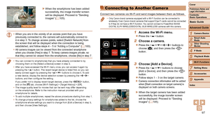 Page 9797
1
2
3
4
5
6
7
8
9
Cover
Preliminary	Notes	and	Legal	Information
Contents:		
Basic	Operations
Advanced	Guide
Camera	Basics
Smart
	Auto	Mode
Other	Shooting	Modes
P	Mode
Wi-Fi	Functions
Setting	Menu
Accessories
Appendix
Index
Basic	Guide
Playback	Mode
Cover
Advanced	Guide
6Wi-Fi	Functions
XXWhen the smartphone has been added 
successfully, the image transfer screen 
will be displayed. Proceed to “Sending 
Images” (=
  105).
•	 When you are in the vicinity of an access point that you have 
previously...