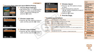 Page 11911 9
1
2
3
4
5
6
7
8
9
Cover
Preliminary	Notes	and	Legal	Information
Contents:		
Basic	Operations
Advanced	Guide
Camera	Basics
Smart
	Auto	Mode
Other	Shooting	Modes
P	Mode
Wi-Fi	Functions
Setting	Menu
Accessories
Appendix
Index
Basic	Guide
Playback	Mode
Cover
Advanced	Guide
8Accessories
Still Images
Choosing	Paper	Size	and	Layout	Before	Printing
1	 Choose	[Paper	Settings].
zzAfter following step 1 in “Configuring Print 
Settings” (=  118) to access the printing 
screen, choose [Paper Settings] and 
press...