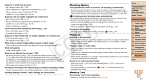 Page 127127
1
2
3
4
5
6
7
8
9
Cover
Preliminary	Notes	and	Legal	Information
Contents:		
Basic	Operations
Advanced	Guide
Camera	Basics
Smart
	Auto	Mode
Other	Shooting	Modes
P	Mode
Wi-Fi	Functions
Setting	Menu
Accessories
Appendix
Index
Basic	Guide
Playback	Mode
Cover
Advanced	Guide
9Appendix
Subjects	in	shots	look	too	dark.•	 Set the flash mode to [h] (=  64).
•	 Adjust brightness by using exposure compensation ( =  55).
•	 Adjust contrast by using i-Contrast ( =  57, 80).
•	 Use AE lock or spot metering (=  55,...