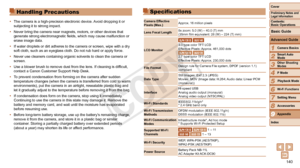 Page 140140
1
2
3
4
5
6
7
8
9
Cover
Preliminary	Notes	and	Legal	Information
Contents:		
Basic	Operations
Advanced	Guide
Camera	Basics
Smart
	Auto	Mode
Other	Shooting	Modes
P	Mode
Wi-Fi	Functions
Setting	Menu
Accessories
Appendix
Index
Basic	Guide
Playback	Mode
Cover
Advanced	Guide
9Appendix
Handling Precautions
•	 The camera is a high-precision electronic device. Avoid dropping it or 
subjecting it to strong impact.
•	 Never bring the camera near magnets, motors, or other devices that 
generate strong...