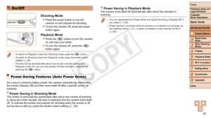 Page 2525
1
2
3
4
5
6
7
8
9
Cover
Preliminary	Notes	and	Legal	Information
Contents:		
Basic	Operations
Advanced	Guide
Camera	Basics
Smart
	Auto	Mode
Other	Shooting	Modes
P	Mode
Wi-Fi	Functions
Setting	Menu
Accessories
Appendix
Index
Basic	Guide
Playback	Mode
Cover	
1Camera	Basics
Advanced	Guide
On/Off
Shooting	Mode
zzPress the power button to turn the 
camera on and prepare for shooting.
zzTo turn the camera off, press the power 
button again.
Playback	Mode
zzPress the  button to turn the camera 
on and view...