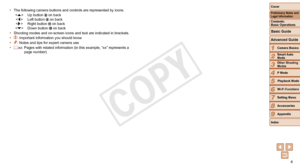 Page 44
1
2
3
4
5
6
7
8
9
Cover
Preliminary	Notes	and	Legal	Information
Contents:		
Basic	Operations
Advanced	Guide
Camera	Basics
Smart
	Auto	Mode
Other	Shooting	Modes
P	Mode
Wi-Fi	Functions
Setting	Menu
Accessories
Appendix
Index
Basic	Guide
Playback	Mode
•	 The following camera buttons and controls are represented by icons.  Up button  on back  Left button  on back  Right button  on back  Down button  on back
•	 Shooting modes and on-screen icons and text are indicated in brackets.
•	
: Important information...