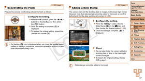 Page 3737
1
2
3
4
5
6
7
8
9
Cover
Preliminary	Notes	and	Legal	Information
Contents:		
Basic	Operations
Advanced	Guide
Camera	Basics
Smart
	Auto	Mode
Other	Shooting	Modes
P	Mode
Wi-Fi	Functions
Setting	Menu
Accessories
Appendix
Index
Basic	Guide
Playback	Mode
Cover
Advanced	Guide
2Smart	Auto	Mode
Still Images
Deactivating the Flash
Prepare the camera for shooting without the flash as follows.
Configure	the	setting.
zzPress the  button, press the  
buttons to choose [!], and then press 
the  button.
XXOnce the...