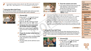 Page 5151
1
2
3
4
5
6
7
8
9
Cover
Preliminary	Notes	and	Legal	Information
Contents:		
Basic	Operations
Advanced	Guide
Camera	Basics
Smart
	Auto	Mode
Other	Shooting	Modes
P	Mode
Wi-Fi	Functions
Setting	Menu
Accessories
Appendix
Index
Basic	Guide
Playback	Mode
•	 To change the number of shots, press the < o> buttons after choosing  
[] in step 1. [Blink Detection] (=  41) is only available for the final shot.
Still Images
Using	the	Wink	Self-TimerAim the camera at a person and press the shutter button all the way...