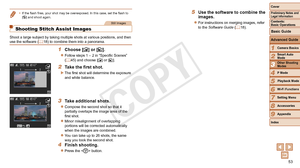 Page 5353
1
2
3
4
5
6
7
8
9
Cover
Preliminary	Notes	and	Legal	Information
Contents:		
Basic	Operations
Advanced	Guide
Camera	Basics
Smart
	Auto	Mode
Other	Shooting	Modes
P	Mode
Wi-Fi	Functions
Setting	Menu
Accessories
Appendix
Index
Basic	Guide
Playback	Mode
•	 If the flash fires, your shot may be overexposed. In this case, set the flash to 
[!] and shoot again.
Still Images
Shooting Stitch Assist Images
Shoot a large subject by taking multiple shots at various positions, and\
 then 
use the software (=  18) to...