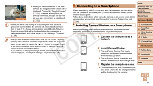 Page 9191
1
2
3
4
5
6
7
8
9
Cover
Preliminary	Notes	and	Legal	Information
Contents:		
Basic	Operations
Advanced	Guide
Camera	Basics
Smart
	Auto	Mode
Other	Shooting	Modes
P	Mode
Wi-Fi	Functions
Setting	Menu
Accessories
Appendix
Index
Basic	Guide
Playback	Mode
Cover
Advanced	Guide
6Wi-Fi	Functions
XXWhen you have connected to the Web 
service, the image transfer screen will be 
displayed. Proceed to “Sending Images” 
(=
  101). However, when [Send via 
Server] is selected, images will be sent 
as soon as a...