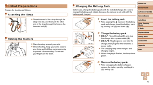 Page 1010
Initial Preparations
Prepare for shooting as follows.
Attaching the Strap
zzThread the end of the strap through the 
strap hole (), and then pull the other 
end of the strap through the loop on the 
threaded end (
).
Holding the Camera
zzPlace the strap around your wrist.
zzWhen shooting, keep your arms close to 
your body and hold the camera securely 
to prevent it from moving. Do not rest 
your fingers on the flash.
Charging the Batter y Pack
Before use, charge the battery pack with the included...