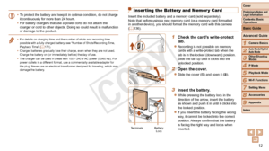 Page 1212
1
2
3
4
5
6
7
8
9
Preliminary Notes and 
Legal Information
Contents: Basic 
Operations
Advanced Guide
Camera Basics
Auto Mode/Hybrid 
Auto Mode
Other Shooting 
Modes
Playback Mode
Wi-Fi Functions
Setting Menu
Accessories
Appendix
Index P Mode
Cover 
Basic Guide
•	
To protect the battery and keep it in optimal condition, do not charge 
it continuously for more than 24 hours.
•	 For battery chargers that use a power cord, do not attach the 
charger or cord to other objects. Doing so could result in...