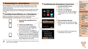 Page 11511 5
1
2
3
4
5
7
8
9
Preliminary Notes and 
Legal Information
Contents: Basic 
OperationsCamera Basics
Auto Mode/Hybrid 
Auto Mode
Other Shooting 
Modes
Playback Mode
Setting Menu
Accessories
Appendix
Index
Basic Guide
P Mode
Cover 
Advanced Guide
6Wi-Fi Functions
Connecting to a Smar tphone
When establishing a Wi-Fi connection with a smartphone, you can either 
use the camera as an access point (Camera Access Point mode) or use 
another access point.
Follow these instructions when using the camera as an...