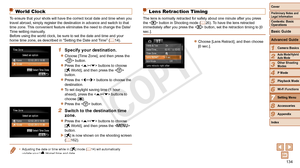 Page 134134
1
2
3
4
5
6
8
9
Preliminary Notes and 
Legal Information
Contents: Basic 
OperationsCamera Basics
Auto Mode/Hybrid 
Auto Mode
Other Shooting 
Modes
Playback Mode
Wi-Fi Functions
Accessories
Appendix
Index
Basic Guide
P Mode
Cover 
Advanced Guide
7Setting Menu
World Clock
To ensure that your shots will have the correct local date and time when you 
travel abroad, simply register the destination in advance and switch to that 
time zone. This convenient feature eliminates the need to change the Date/...