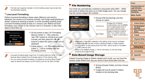 Page 137137
1
2
3
4
5
6
8
9
Preliminary Notes and 
Legal Information
Contents: Basic 
OperationsCamera Basics
Auto Mode/Hybrid 
Auto Mode
Other Shooting 
Modes
Playback Mode
Wi-Fi Functions
Accessories
Appendix
Index
Basic Guide
P Mode
Cover 
Advanced Guide
7Setting Menu
•	 The total card capacity indicated on the formatting screen may be less than 
the advertised capacity.
Low-Level Formatting
Perform low-level formatting in these cases: [Memory card error] is 
displayed, the camera is not working correctly,...