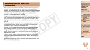 Page 33
1
2
3
4
5
6
7
8
9
Contents: Basic 
Operations
Advanced Guide
Camera Basics
Auto Mode/Hybrid 
Auto Mode
Other Shooting 
Modes
Playback Mode
Wi-Fi Functions
Setting Menu
Accessories
Appendix
Index
Basic Guide
P Mode
Cover 
Preliminary Notes and 
Legal InformationPreliminar y Notes and Legal 
Information
•	 Take and review some test shots initially to make sure the images were 
recorded correctly. Please note that Canon Inc., its subsidiaries and 
affiliates,
	and	its	distributors	are	not	liable	for	any...