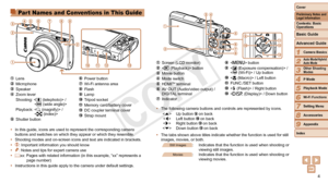 Page 44
1
2
3
4
5
6
7
8
9
Contents: Basic 
Operations
Advanced Guide
Camera Basics
Auto Mode/Hybrid 
Auto Mode
Other Shooting 
Modes
Playback Mode
Wi-Fi Functions
Setting Menu
Accessories
Appendix
Index
Basic Guide
P Mode
Cover 
Preliminary Notes and 
Legal InformationPart Names and Conventions in This Guide
 Lens Microphone Speaker Zoom lever Shooting:  /  
 
Playback:  /  
 
 Shutter button
 Power button Wi-Fi antenna area Flash Lamp Tripod socket Memory card/battery cover DC coupler terminal cover Strap...