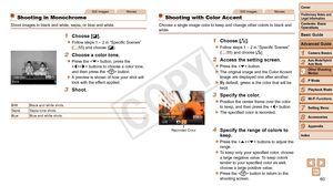 Page 6060
1
2
4
5
6
7
8
9
Preliminary Notes and 
Legal Information
Contents: Basic 
OperationsCamera Basics
Auto Mode/Hybrid 
Auto Mode
Playback Mode
Wi-Fi Functions
Setting Menu
Accessories
Appendix
Index
Basic Guide
P Mode
Cover 
3
Advanced Guide
Other Shooting 
Modes
Still ImagesMovies
Shooting in Monochrome
Shoot images in black and white, sepia, or blue and white.
1 Choose [].
zzFollow steps 1 – 2 in “Specific Scenes” 
(=  55) and choose [].
2 Choose a color tone.
zzPress the  button, press the 
 buttons...