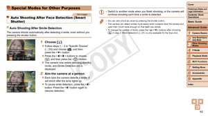 Page 6262
1
2
4
5
6
7
8
9
Preliminary Notes and 
Legal Information
Contents: Basic 
OperationsCamera Basics
Auto Mode/Hybrid 
Auto Mode
Playback Mode
Wi-Fi Functions
Setting Menu
Accessories
Appendix
Index
Basic Guide
P Mode
Cover 
3
Advanced Guide
Other Shooting 
Modes
Special Modes for Other Purposes
Still Images
Auto Shooting After Face Detection (Smart 
Shutter)
Auto Shooting After Smile Detection
The camera shoots automatically after detecting a smile, even without yo\
u 
pressing the shutter button.
1...