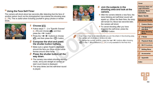 Page 6464
1
2
4
5
6
7
8
9
Preliminary Notes and 
Legal Information
Contents: Basic 
OperationsCamera Basics
Auto Mode/Hybrid 
Auto Mode
Playback Mode
Wi-Fi Functions
Setting Menu
Accessories
Appendix
Index
Basic Guide
P Mode
Cover 
3
Advanced Guide
Other Shooting 
Modes
Still Images
Using the Face Self-Timer
The camera will shoot about two seconds after detecting that the face of\
 
another person (such as the photographer) has entered the shooting are\
a 
(=
  76). This is useful when including yourself in...