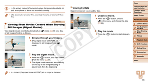 Page 8686
1
2
3
4
6
7
8
9
Preliminary Notes and 
Legal Information
Contents: Basic 
OperationsCamera Basics
Auto Mode/Hybrid 
Auto Mode
Other Shooting 
Modes
Wi-Fi Functions
Setting Menu
Accessories
Appendix
Index
Basic Guide
P Mode
Cover 
5
Advanced Guide
Playback Mode
•	 [---]	is	shown	instead	of	numerical	values	for	items	not	available	on	your smartphone or items not recorded correctly.
•	 UTC:	Coordinated	Universal	Time,	essentially	the	same	as	Greenwich	Mean	Time
Movies
Viewing Short Movies Created When...