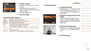 Page 130130
Before Use
Basic Guide
Advanced Guide
Camera Basics
Auto Mode / Hybrid 
Auto Mode
Other Shooting 
Modes
P Mode
Playback Mode
Wi-Fi Functions
Setting Menu
Accessories
Appendix
Index
Before Use
Basic Guide
Advanced Guide
Camera Basics
Auto Mode / Hybrid 
Auto Mode
Other Shooting 
Modes
P Mode
Playback Mode
Wi-Fi Functions
Setting Menu
Accessories
Appendix
Index
4 Choose a layout.
zzPress the  buttons to choose 
an option.
zzWhen choosing [N-up], press the 
 buttons to specify the number of 
images per...