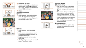 Page 1515
Before Use
Basic Guide
Advanced Guide
Camera Basics
Auto Mode / Hybrid 
Auto Mode
Other Shooting 
Modes
P Mode
Playback Mode
Wi-Fi Functions
Setting Menu
Accessories
Appendix
Index
Before Use
Basic Guide
Advanced Guide
Camera Basics
Auto Mode / Hybrid 
Auto Mode
Other Shooting 
Modes
P Mode
Playback Mode
Wi-Fi Functions
Setting Menu
Accessories
Appendix
Index
3 Compose the shot.
zzTo zoom in and enlarge the subject, move 
the zoom lever toward  (telephoto), 
and to zoom away from the subject, move 
it...