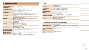 Page 153153
Before Use
Basic Guide
Advanced Guide
Camera Basics
Auto Mode / Hybrid 
Auto Mode
Other Shooting 
Modes
P Mode
Playback Mode
Wi-Fi Functions
Setting Menu
Accessories
Appendix
Index
Before Use
Basic Guide
Advanced Guide
Camera Basics
Auto Mode / Hybrid 
Auto Mode
Other Shooting 
Modes
P Mode
Playback Mode
Wi-Fi Functions
Setting Menu
Accessories
Appendix
Index
Specifications
Camera Effective 
Pixels	(Max.)Approx. 16 million pixels
Lens Focal Length 12x zoom: 4.5 (W) – 54.0 (T) mm
(35mm film...