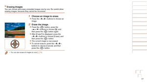 Page 1717
Before Use
Basic Guide
Advanced Guide
Camera Basics
Auto Mode / Hybrid 
Auto Mode
Other Shooting 
Modes
P Mode
Playback Mode
Wi-Fi Functions
Setting Menu
Accessories
Appendix
Index
Before Use
Basic Guide
Advanced Guide
Camera Basics
Auto Mode / Hybrid 
Auto Mode
Other Shooting 
Modes
P Mode
Playback Mode
Wi-Fi Functions
Setting Menu
Accessories
Appendix
Index
Erasing ImagesYou can choose and erase unneeded images one by one. Be careful when 
erasing images, because they cannot be recovered.
1 Choose...