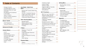 Page 44
Before Use
Basic Guide
Advanced Guide
Camera Basics
Auto Mode / Hybrid 
Auto Mode
Other Shooting 
Modes
P Mode
Playback Mode
Wi-Fi Functions
Setting Menu
Accessories
Appendix
Index
Protecting Images ........................72
Erasing Images
 ............................ 74
Rotating Images
 ........................... 76
Tagging Images as Favorites
 ....... 77
Editing Still Images
 ...................... 78
Editing Movies.....

.........................81
Wi-Fi Functions .......................... 83...
