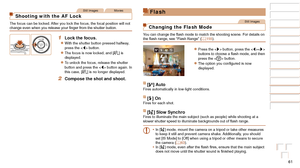 Page 6161
Before Use
Basic Guide
Advanced Guide
Camera Basics
Auto Mode / Hybrid 
Auto Mode
Other Shooting 
Modes
P Mode
Playback Mode
Wi-Fi Functions
Setting Menu
Accessories
Appendix
Index
Before Use
Basic Guide
Advanced Guide
Camera Basics
Auto Mode / Hybrid 
Auto Mode
Other Shooting 
Modes
P Mode
Playback Mode
Wi-Fi Functions
Setting Menu
Accessories
Appendix
Index
Still ImagesMovies
Shooting with the AF Lock
The focus can be locked. After you lock the focus, the focal position will not 
change even when...