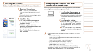 Page 9191
Before Use
Basic Guide
Advanced Guide
Camera Basics
Auto Mode / Hybrid 
Auto Mode
Other Shooting 
Modes
P Mode
Playback Mode
Wi-Fi Functions
Setting Menu
Accessories
Appendix
Index
Before Use
Basic Guide
Advanced Guide
Camera Basics
Auto Mode / Hybrid 
Auto Mode
Other Shooting 
Modes
P Mode
Playback Mode
Wi-Fi Functions
Setting Menu
Accessories
Appendix
Index
Installing the Software
Windows 7 and Mac OS X 10.8 are used here for the sake of illustration.
1 Download the software.
zzWith a computer...