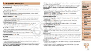 Page 122122
1
2
3
4
5
6
7
8
9
Cover 
Preliminary Notes and 
Legal Information
Contents: Basic 
OperationsCamera Basics
Creative Shot 
Mode
Auto Mode/ 
Hybrid Auto Mode
Other Shooting 
Modes
Playback Mode
Wi-Fi Functions
Setting Menu
Accessories
Index
Basic Guide
P Mode
10Appendix
Advanced Guide
On-Screen Messages
If an error message is displayed, respond as follows.
No memory card
•	 The memory card may be inserted facing the wrong way. Reinsert the memory card 
facing the correct way (=  13).
Cannot record!•...