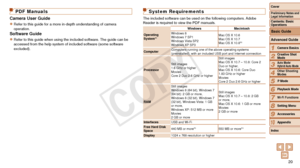 Page 2020
1
2
3
4
5
6
7
8
9
10
Cover 
Preliminary Notes and 
Legal Information
Contents: Basic 
Operations
Advanced Guide
Camera Basics
Creative Shot 
Mode
Auto Mode/ 
Hybrid Auto Mode
Other Shooting 
Modes
Playback Mode
Wi-Fi Functions
Setting Menu
Accessories
Appendix
Index P Mode
Basic Guide
PDF Manuals
Camera User Guide
zzRefer to this guide for a more in-depth understanding of camera 
operation.
Software Guide
zzRefer to this guide when using the included software. The guide can be 
accessed from the help...