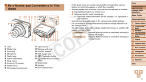 Page 33
1
2
3
4
5
6
7
8
9
10
Cover 
Contents: Basic 
Operations
Advanced Guide
Camera Basics
Creative Shot 
Mode
Auto Mode/ 
Hybrid Auto Mode
Other Shooting 
Modes
Playback Mode
Wi-Fi Functions
Setting Menu
Accessories
Appendix
Index
Basic Guide
P Mode
Preliminary Notes and 
Legal InformationPart Names and Conventions in This 
Guide
 Lens Shutter ring Zoom ring Microphone Flash/Lamp Power button/lamp Strap mount Screen (LCD monitor) Battery cover DC coupler terminal cover
 Tripod socket Memory card cover...