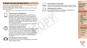 Page 8181
1
2
3
4
5
6
8
9
10
Cover 
Preliminary Notes and 
Legal Information
Contents: Basic 
OperationsCamera Basics
Creative Shot 
Mode
Auto Mode/ 
Hybrid Auto Mode
Other Shooting 
Modes
Playback Mode
Setting Menu
Accessories
Appendix
Index
Basic Guide
P Mode
7
Advanced Guide
Wi-Fi Functions
What You Can Do With Wi-Fi
This camera is an approved Wi-Fi®* product. You can wirelessly connect to 
and send images to the following devices.
Note that, in this chapter, wireless LAN functions other than Wi-Fi may be...