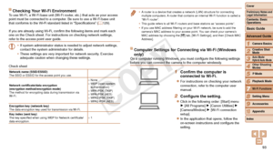 Page 9393
1
2
3
4
5
6
8
9
10
Cover 
Preliminary Notes and 
Legal Information
Contents: Basic 
OperationsCamera Basics
Creative Shot 
Mode
Auto Mode/ 
Hybrid Auto Mode
Other Shooting 
Modes
Playback Mode
Setting Menu
Accessories
Appendix
Index
Basic Guide
P Mode
7
Advanced Guide
Wi-Fi Functions
Checking Your Wi-Fi EnvironmentTo use Wi-Fi, a Wi-Fi base unit (Wi-Fi router, etc.) that acts as your access 
point must be connected to a computer. Be sure to use a Wi-Fi base unit 
that
	conforms	to	the	Wi-Fi	standard...