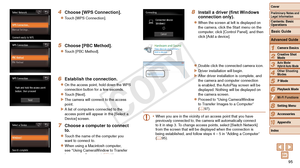 Page 9595
1
2
3
4
5
6
8
9
10
Cover 
Preliminary Notes and 
Legal Information
Contents: Basic 
OperationsCamera Basics
Creative Shot 
Mode
Auto Mode/ 
Hybrid Auto Mode
Other Shooting 
Modes
Playback Mode
Setting Menu
Accessories
Appendix
Index
Basic Guide
P Mode
7
Advanced Guide
Wi-Fi Functions
4 Choose [WPS Connection].
zzTouch [WPS Connection].
5 Choose [PBC Method].
zzTouch [PBC Method].
6 Establish the connection.
zzOn the access point, hold down the WPS 
connection button for a few seconds.
zzTouch [Next]....