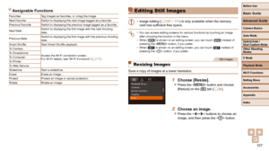 Page 107107
Before Use
Basic Guide
Advanced Guide
Camera Basics
Auto Mode
Other Shooting 
Modes
P Mode
Playback Mode
Wi-Fi Functions
Setting Menu
Accessories
Appendix
Index
Hybrid Auto / 
Dual Capture Mode
Assignable Functions
FavoritesTag images as favorites, or untag the image.
Next Favorite Switch to displaying the next image tagged as a favorite.
Previous Favorite Switch to displaying the previous image tagged as a favorite.
Next Date Switch to displaying the first image with the next shooting 
date....