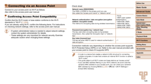 Page 129129
Before Use
Basic Guide
Advanced Guide
Camera Basics
Auto Mode
Other Shooting 
Modes
P Mode
Playback Mode
Wi-Fi Functions
Setting Menu
Accessories
Appendix
Index
Hybrid Auto / 
Dual Capture Mode
  Connecting via an Access Point
Connect to your access point via Wi-Fi as follows.
Also refer to the access point user manual.
 Confirming Access Point Compatibility
Confirm that the Wi-Fi router or base station conforms to the Wi-Fi 
standards in “Wi-Fi” (=  202).
If you are already using Wi-Fi, confirm the...
