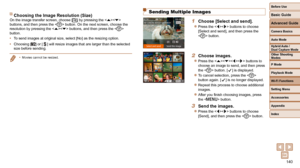 Page 140140
Before Use
Basic Guide
Advanced Guide
Camera Basics
Auto Mode
Other Shooting 
Modes
P Mode
Playback Mode
Wi-Fi Functions
Setting Menu
Accessories
Appendix
Index
Hybrid Auto / 
Dual Capture Mode
Sending Multiple Images
1  Choose [Select and send].
 
zPress the  buttons to choose 
[Select and send], and then press the 
 button.
2 Choose images.
 
zPress the  buttons to 
choose an image to send, and then press 
the  button. [
] is displayed.
 
zTo cancel selection, press the < m> 
button again. [] is no...
