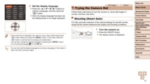 Page 1717
Before Use
Basic Guide
Advanced Guide
Camera Basics
Auto Mode
Other Shooting 
Modes
P Mode
Playback Mode
Wi-Fi Functions
Setting Menu
Accessories
Appendix
Index
Hybrid Auto / 
Dual Capture Mode
3  Set the display language.
 
zPress the  buttons to 
choose a language, and then press the 
 button.
 
zOnce the display language has been set, 
the setting screen is no longer displayed.
•  The current time is displayed if you wait too long in step 2 after press\
ing the 
 button before you press the...