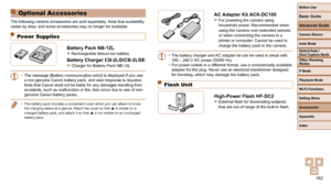 Page 162162
Before Use
Basic Guide
Advanced Guide
Camera Basics
Auto Mode
Other Shooting 
Modes
P Mode
Playback Mode
Wi-Fi Functions
Setting Menu
Accessories
Appendix
Index
Hybrid Auto / 
Dual Capture Mode
 Optional Accessories
The following camera accessories are sold separately. Note that availability 
varies by area, and some accessories may no longer be available.
   Power Supplies
Battery Pack NB-12L
 
zRechargeable lithium-ion battery
Battery Charger CB-2LG/CB-2LGE 
zCharger for Battery Pack NB-12L
•  The...