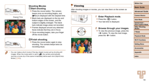 Page 1919
Before Use
Basic Guide
Advanced Guide
Camera Basics
Auto Mode
Other Shooting 
Modes
P Mode
Playback Mode
Wi-Fi Functions
Setting Menu
Accessories
Appendix
Index
Hybrid Auto / 
Dual Capture Mode
Shooting Movies
Start shooting.
 
zPress the movie button. The camera 
beeps once as recording begins, and 
[
Rec] is displayed with the elapsed time.
 
zBlack bars are displayed on the top and 
bottom edges of the screen, and the 
subject is slightly enlarged. The black 
bars indicate image areas not...