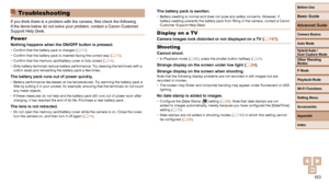 Page 183183
Before Use
Basic Guide
Advanced Guide
Camera Basics
Auto Mode
Other Shooting 
Modes
P Mode
Playback Mode
Wi-Fi Functions
Setting Menu
Accessories
Appendix
Index
Hybrid Auto / 
Dual Capture Mode
 Troubleshooting
If you think there is a problem with the camera, first check the followi\
ng. 
If the items below do not solve your problem, contact a Canon Customer 
Support Help Desk.
Power
Nothing happens when the ON/OFF button is pressed.• Confirm that the battery pack is charged ( =  12).
•  Confirm that...