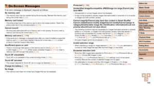 Page 188188
Before Use
Basic Guide
Advanced Guide
Camera Basics
Auto Mode
Other Shooting 
Modes
P Mode
Playback Mode
Wi-Fi Functions
Setting Menu
Accessories
Appendix
Index
Hybrid Auto / 
Dual Capture Mode
 On-Screen Messages
If an error message is displayed, respond as follows.
No memory card
• The memory card may be inserted facing the wrong way. Reinsert the memory card 
facing the correct way (=  14).
Memory card locked• The write-protect tab of the memory card is set to the locked position. \
Switch the...
